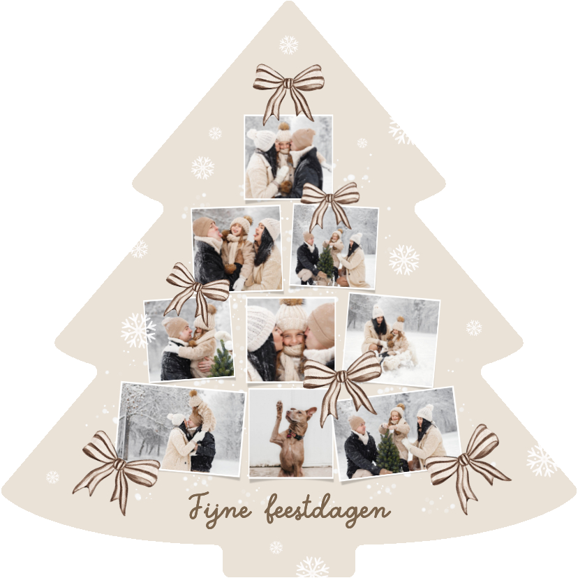 Kerstkaart kerstboom fotocollage strikjes beige sneeuw - Kerstkaarten Kerstkaarten - Kerstkaart kerstboom fotocollage strikjes beige sneeuw
