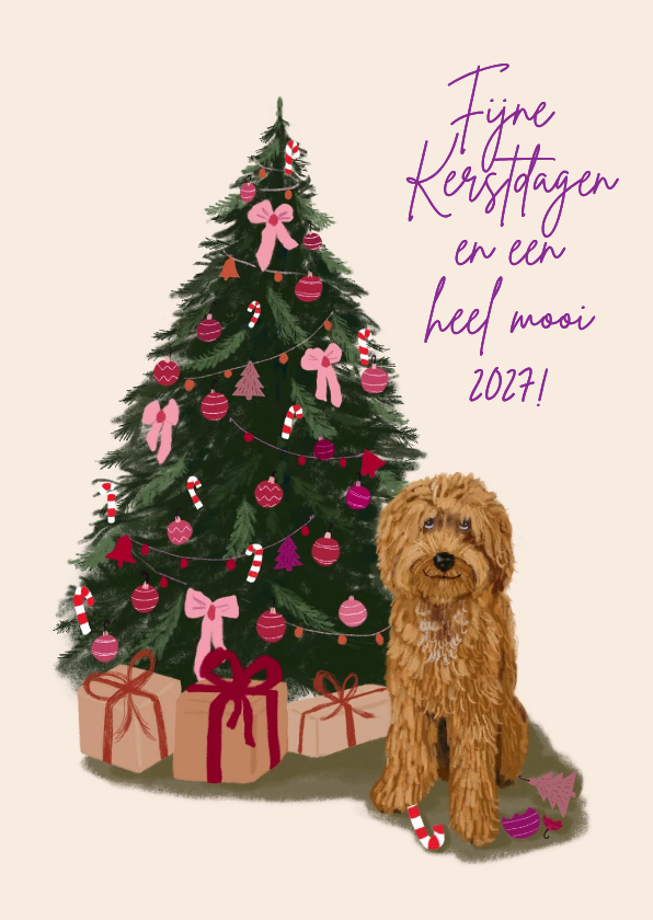 Kerstkaart kerstboom met hond - Kerstkaarten Kerstkaarten - Kerstkaart kerstboom met hond