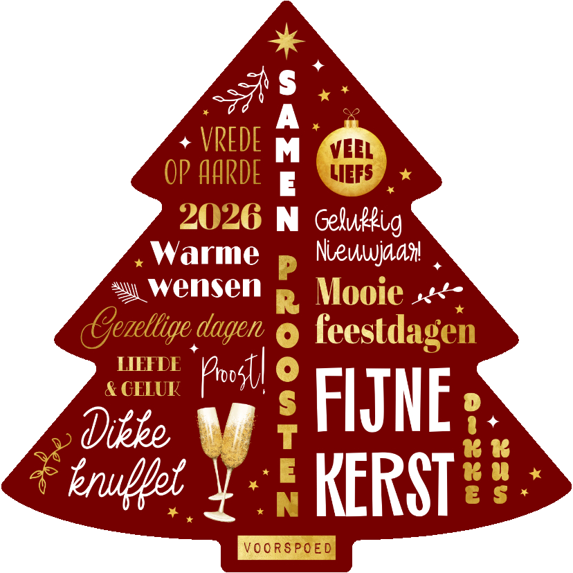 Kerstkaarten - Kerstkaart kerstboom typografisch beste wensen goud
