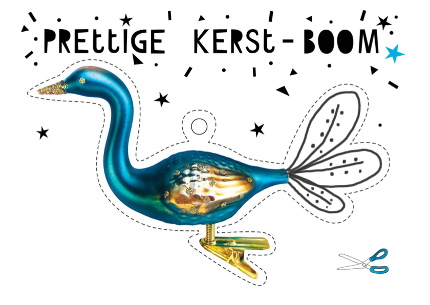 Kerstkaart kerstboom versiering vogel blauw goud look - Kerstkaarten Kerstkaarten - Kerstkaart kerstboom versiering vogel blauw goud look