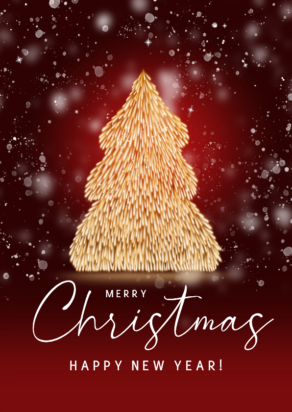 Kerstkaarten - Kerstkaart kerstboom vuurvonken en sneeuw rood