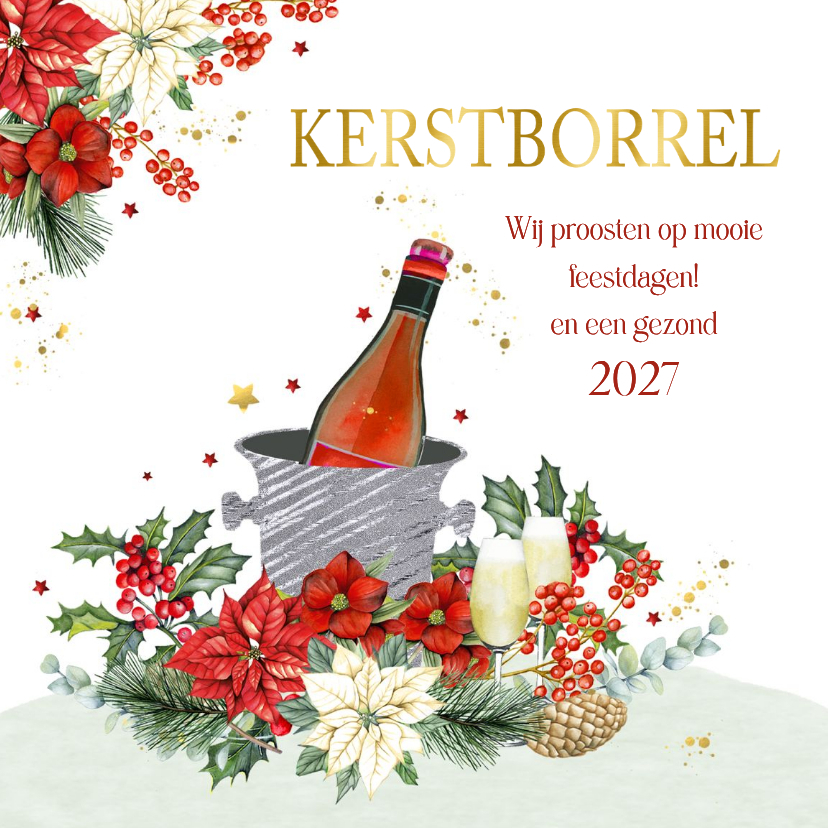 Kerstkaart kerstborrel champagne botanische takken - Kerstkaarten Kerstkaarten - Kerstkaart kerstborrel champagne botanische takken