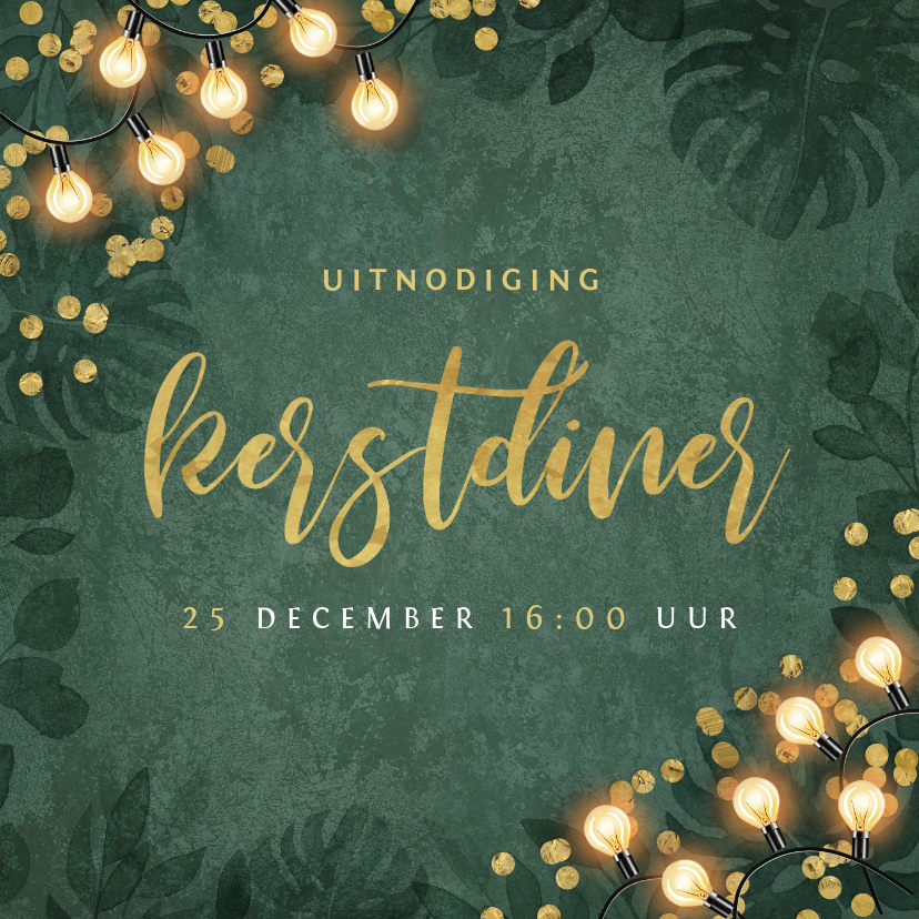 Kerstkaarten - Kerstkaart kerstdiner botanisch goud confetti uitnodiging