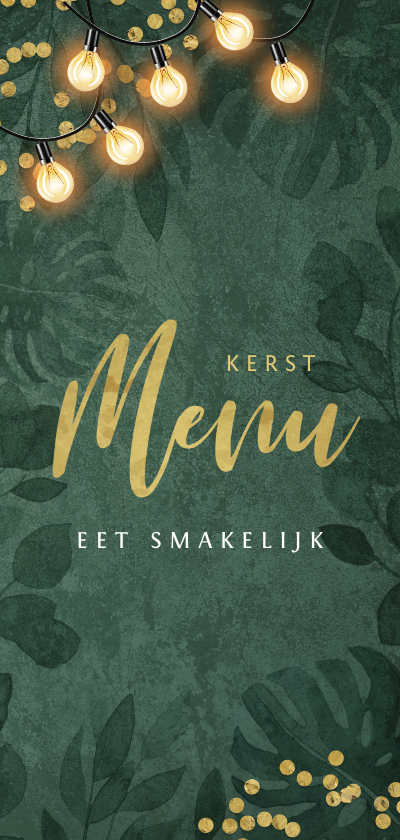 Kerstkaarten - Kerstkaart kerstdiner menukaart botanisch goud confetti