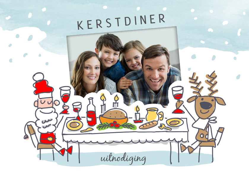 Kerstkaarten - Kerstkaart kerstdiner met kerstman en rendier aan tafel