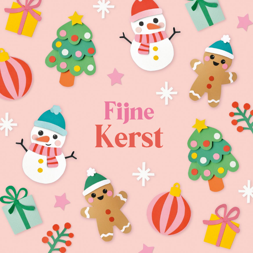 Kerstkaart kerstfiguren zalmroze - Kerstkaarten Kerstkaarten - Kerstkaart kerstfiguren zalmroze