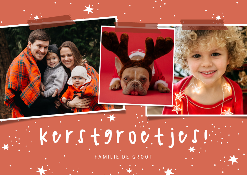 Kerstkaarten - Kerstkaart kerstgroetjes sterretjes met 3 foto's