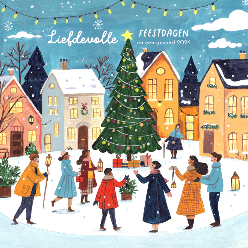 Kerstkaart kersthuisjes en kerstboom in de sneeuw - Kerstkaarten Kerstkaarten - Kerstkaart kersthuisjes en kerstboom in de sneeuw
