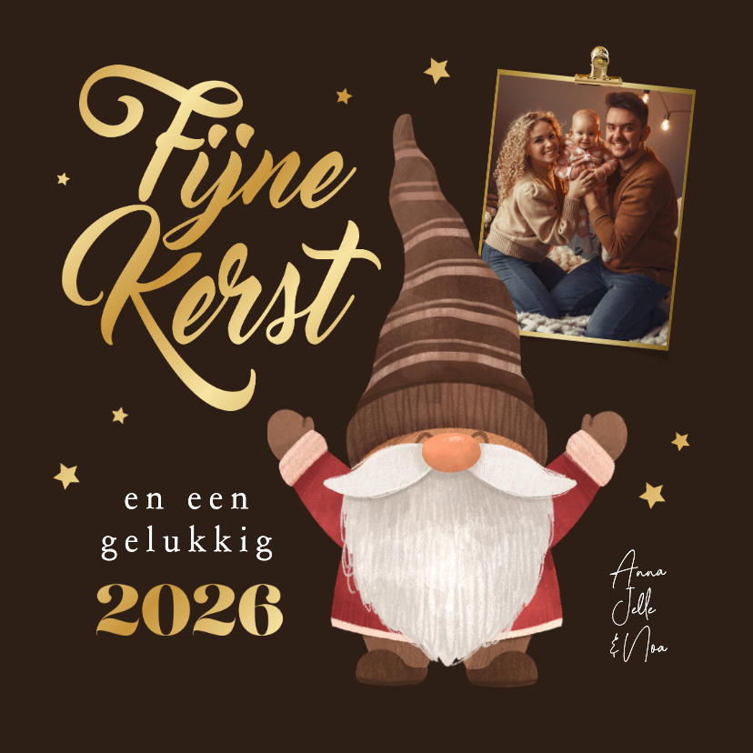 Kerstkaarten - Kerstkaart kerstkabouter foto sterren fijne kerst goud bruin