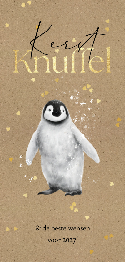 Kerstkaart kerstknuffel pinguïn hartjes goud - Kerstkaarten Kerstkaarten - Kerstkaart kerstknuffel pinguïn hartjes goud