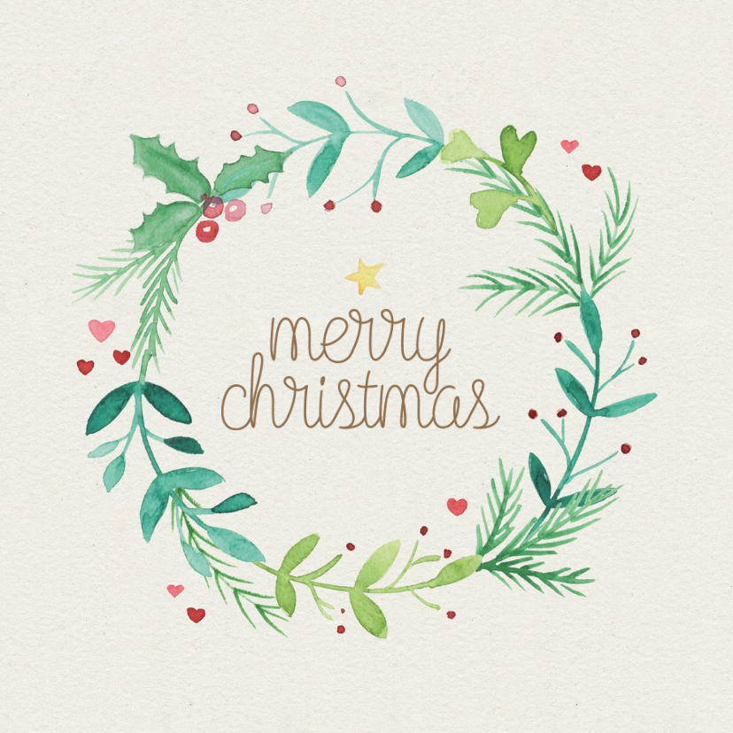 Kerstkaart kerstkrans aquarel 'Merry christmas' - Kerstkaarten Kerstkaarten - Kerstkaart kerstkrans aquarel 'Merry christmas'
