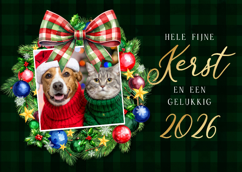 Kerstkaarten - Kerstkaart kerstkrans kerstballen ruiten strik en foto