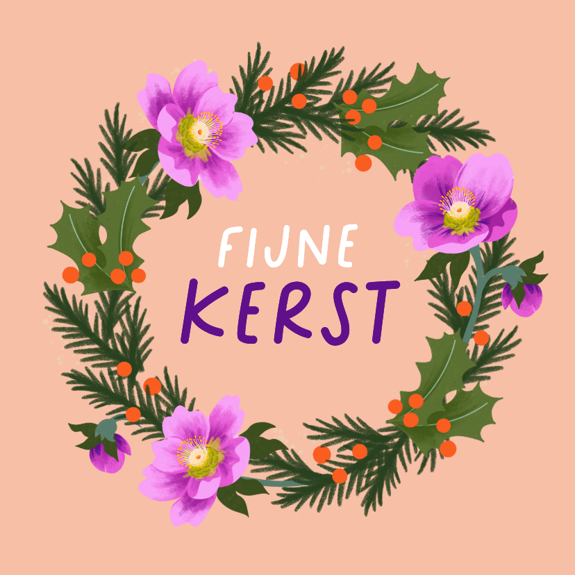 Kerstkaart kerstkrans kerstroos fijne kerst - Kerstkaarten Kerstkaarten - Kerstkaart kerstkrans kerstroos fijne kerst