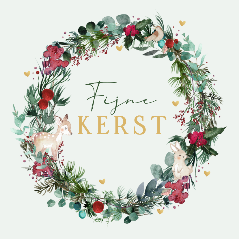 Kerstkaart kerstkrans met hartjes - Kerstkaarten Kerstkaarten - Kerstkaart kerstkrans met hartjes