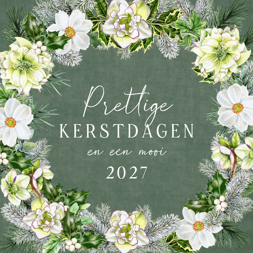 Kerstkaart kerstkrans witte bloemen op groen fluweel - Kerstkaarten Kerstkaarten - Kerstkaart kerstkrans witte bloemen op groen fluweel