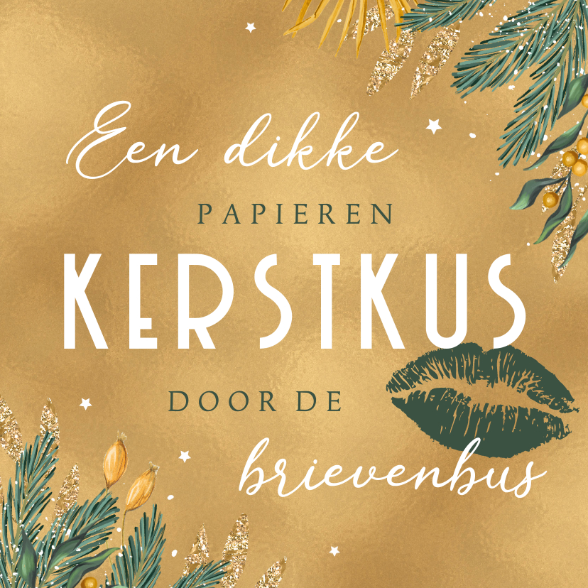 Kerstkaarten - Kerstkaart kerstkus goud sterren takjes