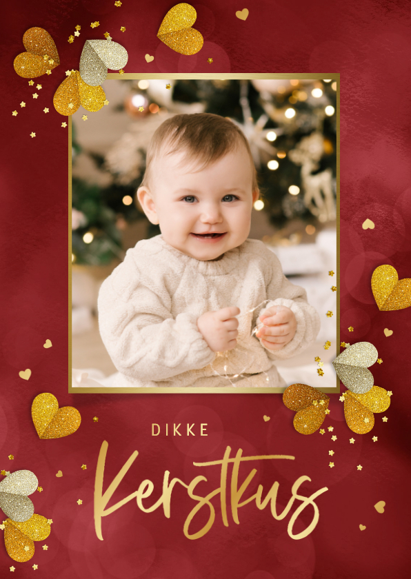 Kerstkaarten - Kerstkaart kerstkus hartjes glitters goud foto