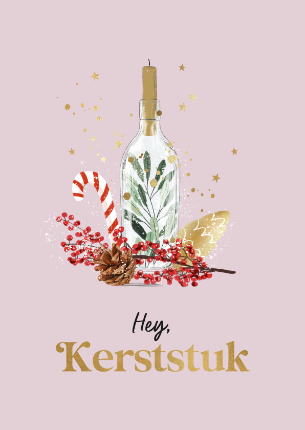 Kerstkaart 'Kerststuk' in roze met goudlook en kerstelement - Kerstkaarten Kerstkaarten - Kerstkaart 'Kerststuk' in roze met goudlook en kerstelement