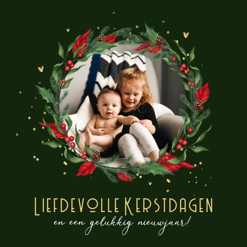 Kerstkaart kersttakjes krans goud hartjes foto - Kerstkaarten Kerstkaarten - Kerstkaart kersttakjes krans goud hartjes foto