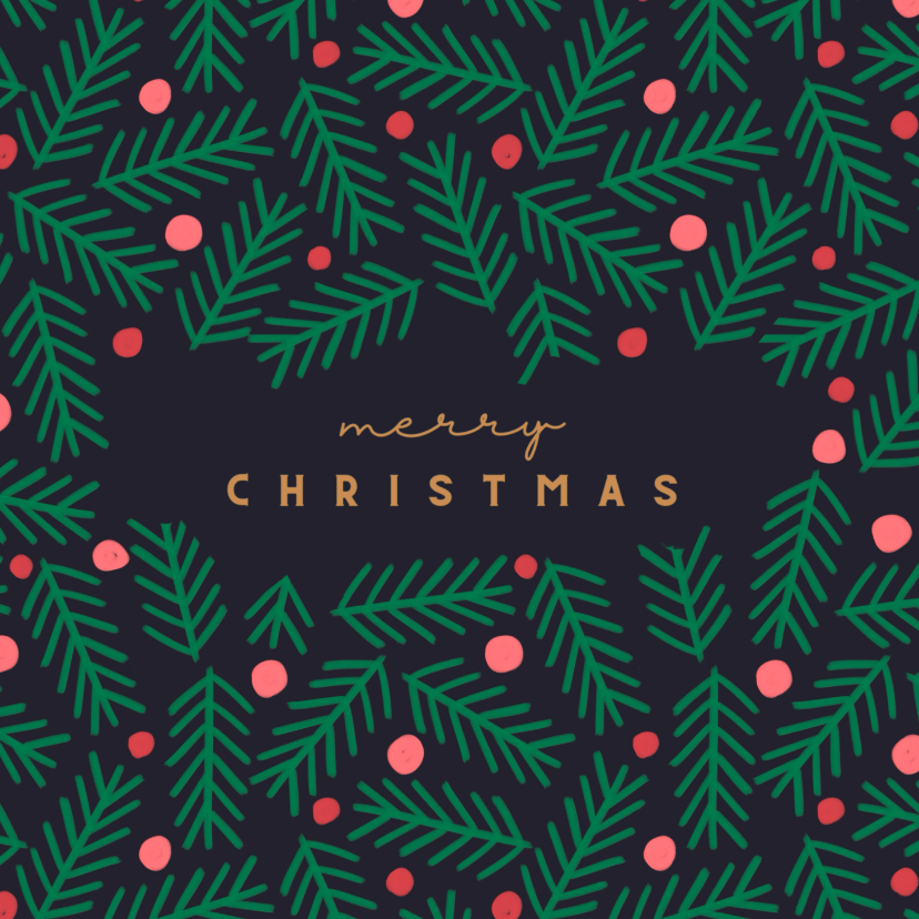 Kerstkaart kersttakken met rode ballen blauw vierkant - Kerstkaarten Kerstkaarten - Kerstkaart kersttakken met rode ballen blauw vierkant