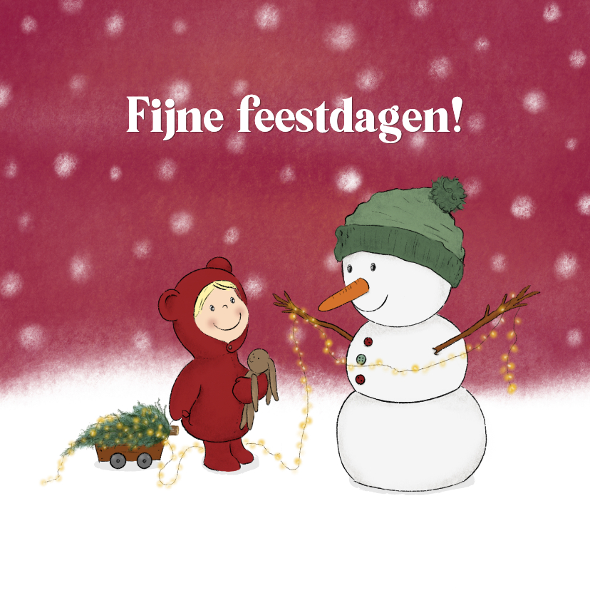Kerstkaarten - Kerstkaart kindje en sneeuwpop met kerstlichtjes