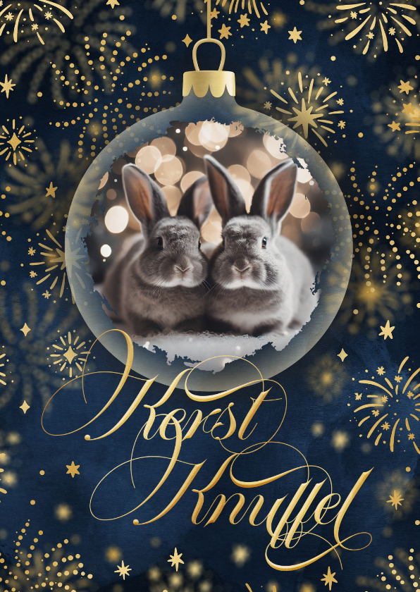 Kerstkaart klassiek blauw kerstbal met foto en vuurwerk - Kerstkaarten Kerstkaarten - Kerstkaart klassiek blauw kerstbal met foto en vuurwerk