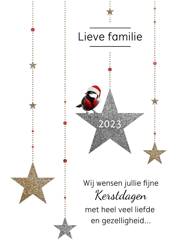 Kerstkaart koolmees op sterren met goud en zilver glitters - Kerstkaarten Kerstkaarten - Kerstkaart koolmees op sterren met goud en zilver glitters