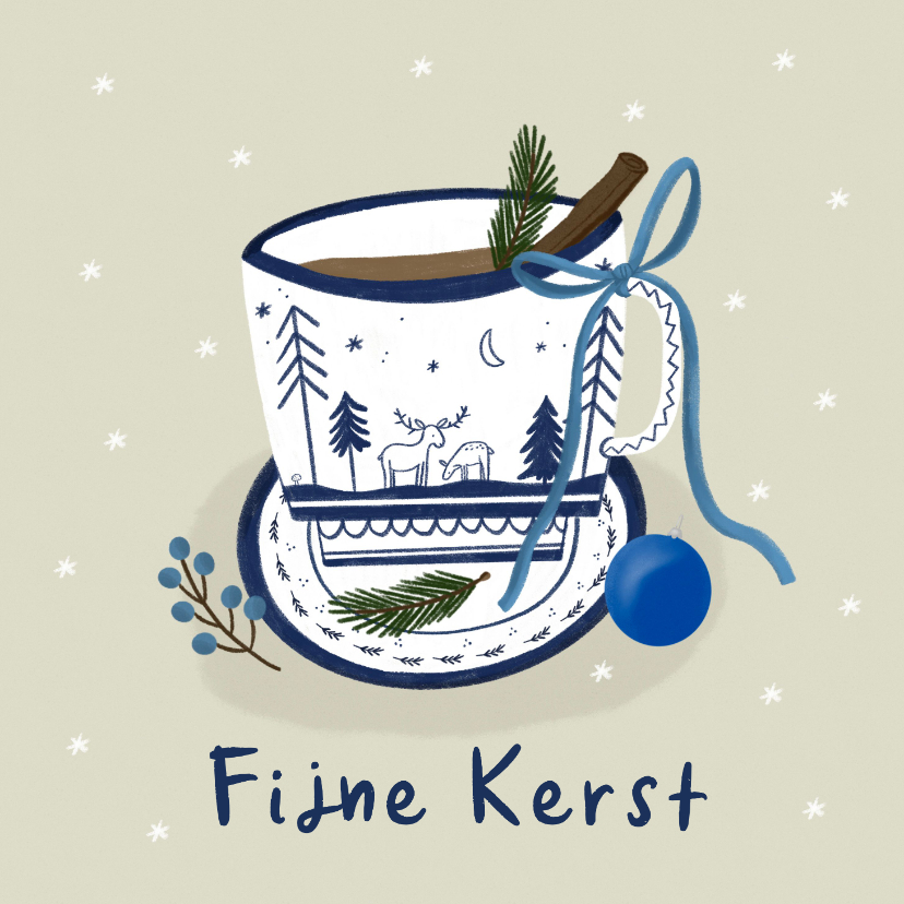 Kerstkaarten - Kerstkaart kopje delfts blauw hertjes strik kerstbal