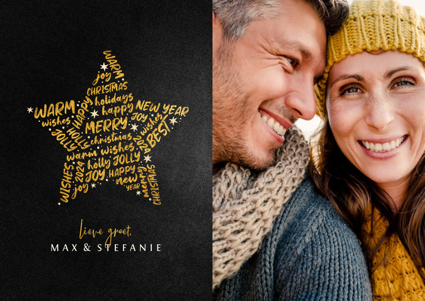 Kerstkaart krijtbord goudlook ster met woorden en foto - Kerstkaarten Kerstkaarten - Kerstkaart krijtbord goudlook ster met woorden en foto
