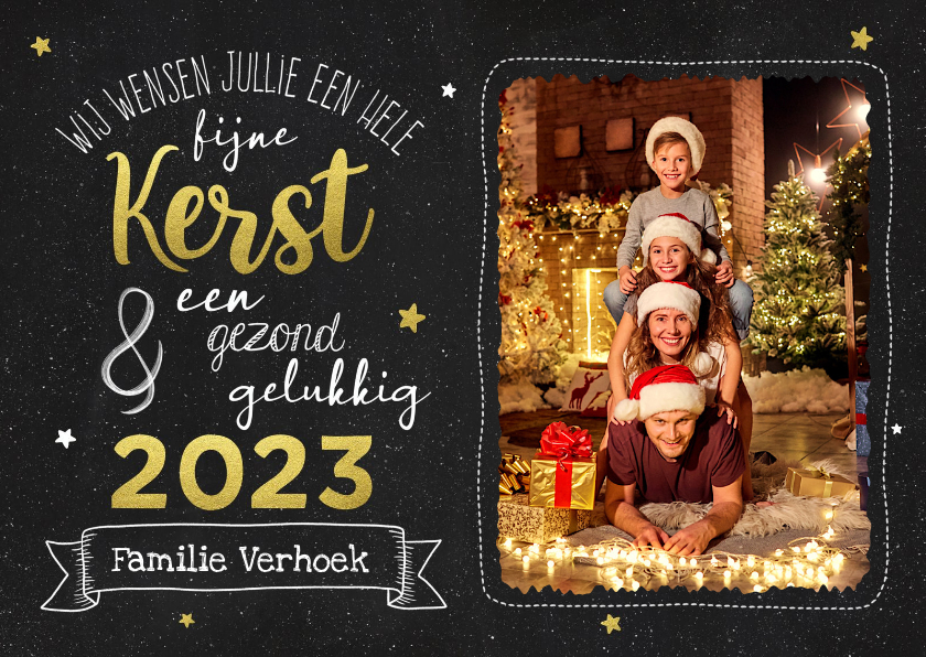 Kerstkaart krijtbord met goudlook en foto - Kerstkaarten Kerstkaarten - Kerstkaart krijtbord met goudlook en foto