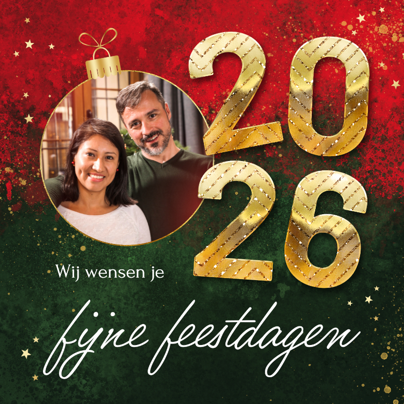 Kerstkaarten - Kerstkaart kunst verf rood groen kerstbal foto 2026 goud