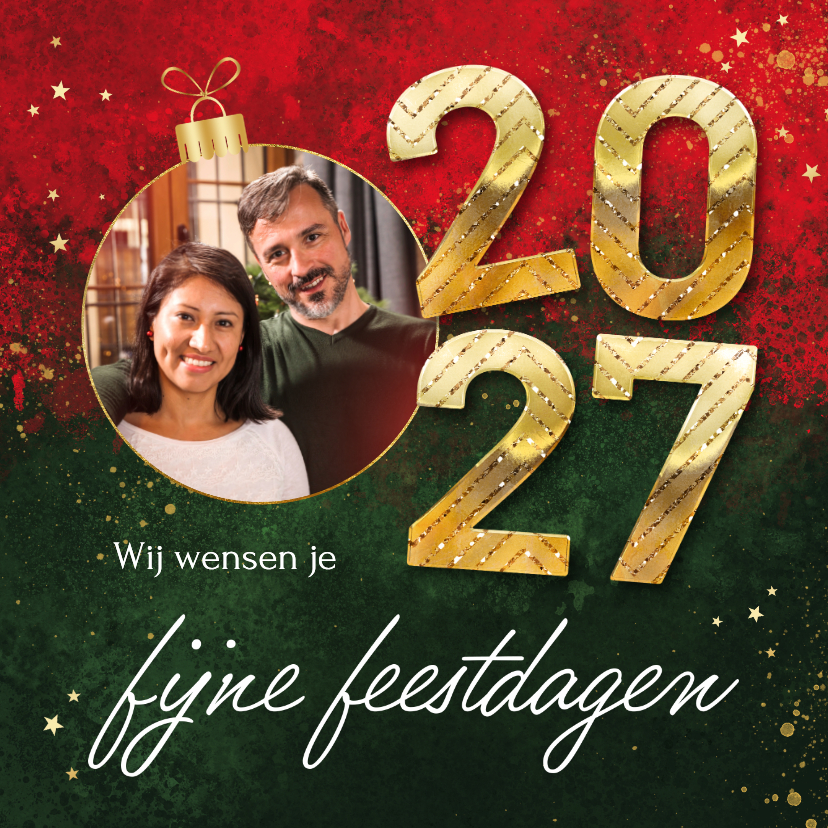 Kerstkaarten - Kerstkaart kunst verf rood groen kerstbal foto 2027 goud