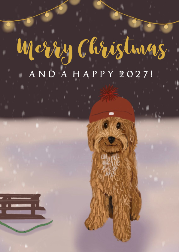 Kerstkaart labradoodle met slee - Kerstkaarten Kerstkaarten - Kerstkaart labradoodle met slee