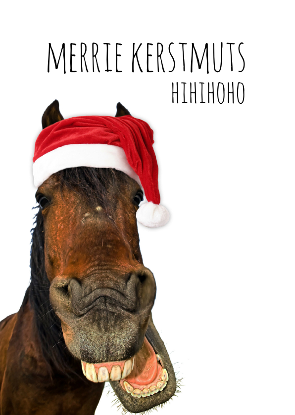 Kerstkaart lachend paard met kerstmuts - Kerstkaarten Kerstkaarten - Kerstkaart lachend paard met kerstmuts