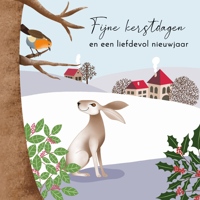 Kerstkaarten - Kerstkaart - Landschap met haas en roodborstje