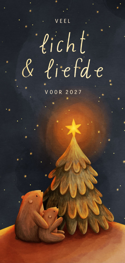 Kerstkaart langwerpig beertjes bij kerstboom met ster - Kerstkaarten Kerstkaarten - Kerstkaart langwerpig beertjes bij kerstboom met ster
