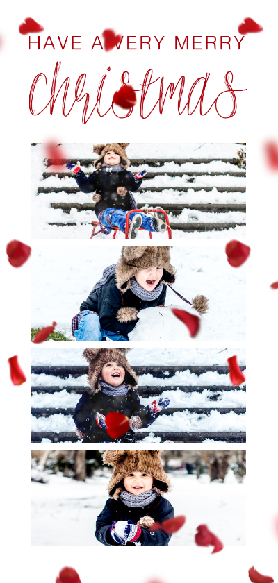 Kerstkaart langwerpig met foto's en rode blaadjes - Kerstkaarten Kerstkaarten - Kerstkaart langwerpig met foto's en rode blaadjes