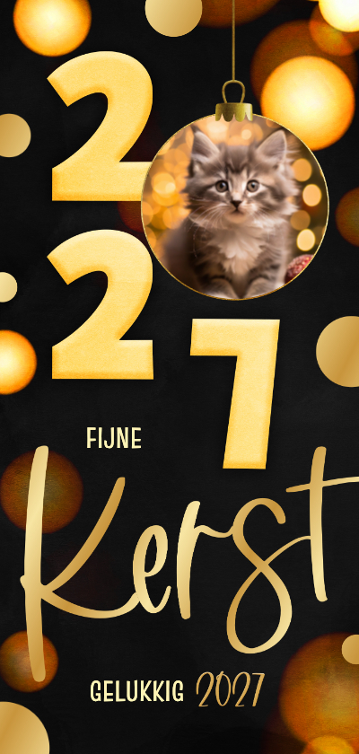 Kerstkaarten - Kerstkaart langwerpig zwart 2027 kerstbal goud
