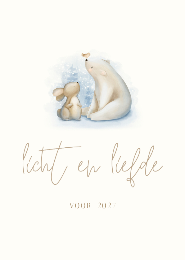 Kerstkaart licht en liefde met een konijn ijsbeer en vogel - Kerstkaarten Kerstkaarten - Kerstkaart licht en liefde met een konijn ijsbeer en vogel
