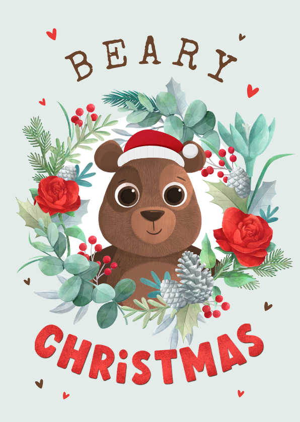 Kerstkaart lief beertje in krans met kerstmuts en hartjes - Kerstkaarten Kerstkaarten - Kerstkaart lief beertje in krans met kerstmuts en hartjes