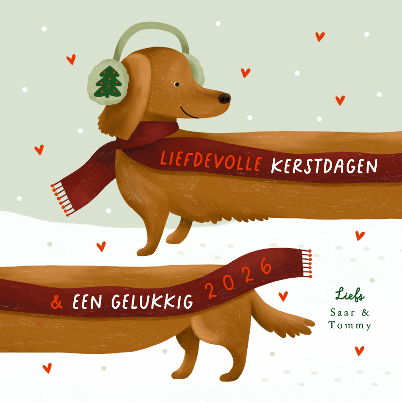 Kerstkaart liefde teckel sjaal sneeuw oorwarmers - Kerstkaarten Kerstkaarten - Kerstkaart liefde teckel sjaal sneeuw oorwarmers