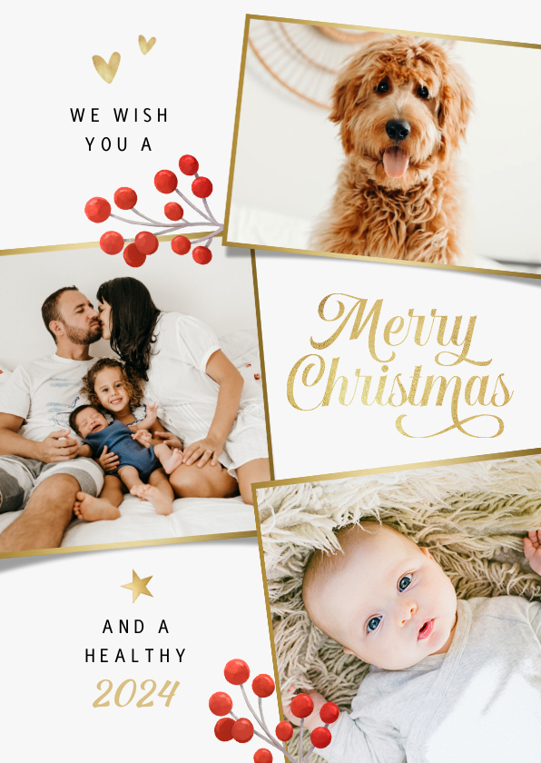 Kerstkaart liefdevol fotocollage goud merry christmas besjes - Kerstkaarten Kerstkaarten - Kerstkaart liefdevol fotocollage goud merry christmas besjes