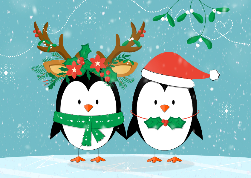 Kerstkaarten - Kerstkaart liefdevol happy pinguïns kerstoutfit sneeuw ijs 