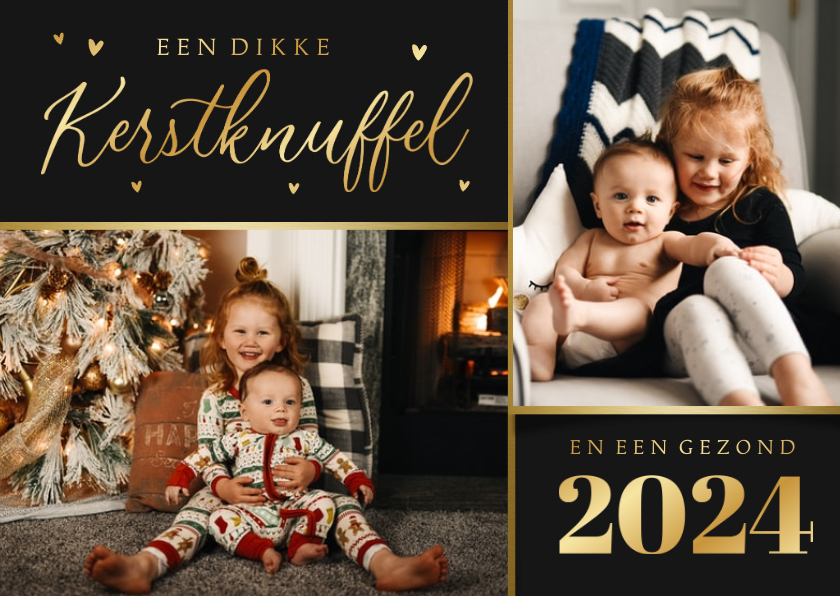 Kerstkaart liefdevol kerstknuffel hartjes foto goud - Kerstkaarten Kerstkaarten - Kerstkaart liefdevol kerstknuffel hartjes foto goud