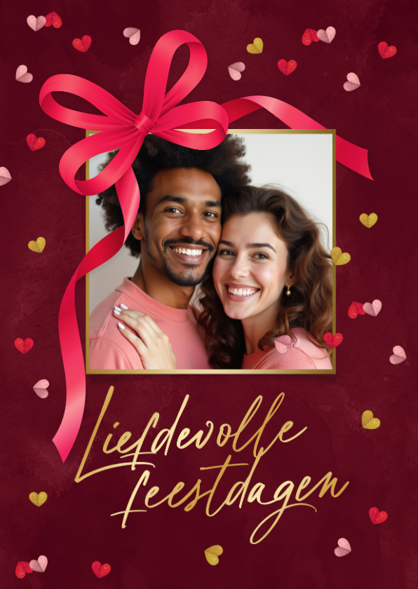 Kerstkaart liefdevolle feestdagen hartjes strik foto goud - Kerstkaarten Kerstkaarten - Kerstkaart liefdevolle feestdagen hartjes strik foto goud