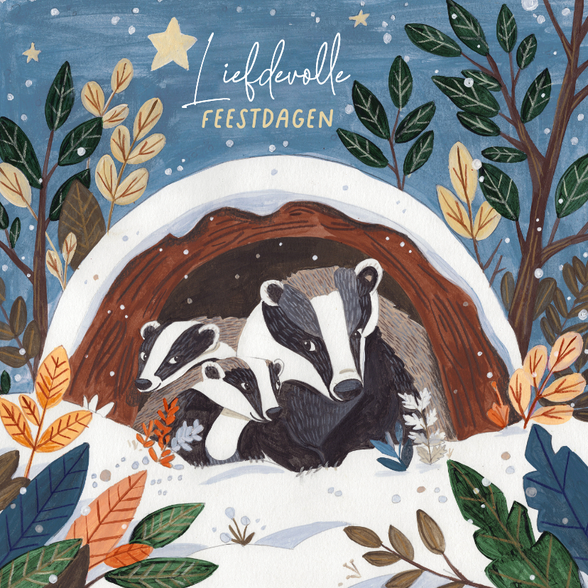 Kerstkaarten - Kerstkaart lieve dassen familie in de sneeuw