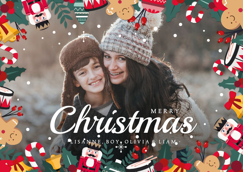 Kerstkaart liggend met eigen foto en kerstillustraties kader - Kerstkaarten Kerstkaarten - Kerstkaart liggend met eigen foto en kerstillustraties kader