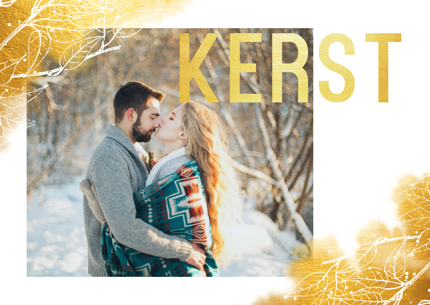 Kerstkaart liggend met waterverf, foto en gouden letters - Kerstkaarten Kerstkaarten - Kerstkaart liggend met waterverf, foto en gouden letters