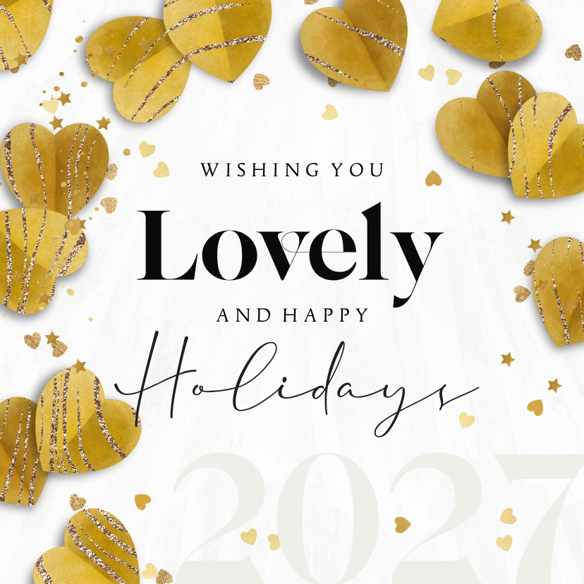 Kerstkaart lovely holidays met hartjes confetti goudlook - Kerstkaarten Kerstkaarten - Kerstkaart lovely holidays met hartjes confetti goudlook
