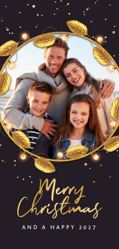 Kerstkaart luxe goud 2027 fijne feestdagen bladeren foto - Kerstkaarten Kerstkaarten - Kerstkaart luxe goud 2027 fijne feestdagen bladeren foto